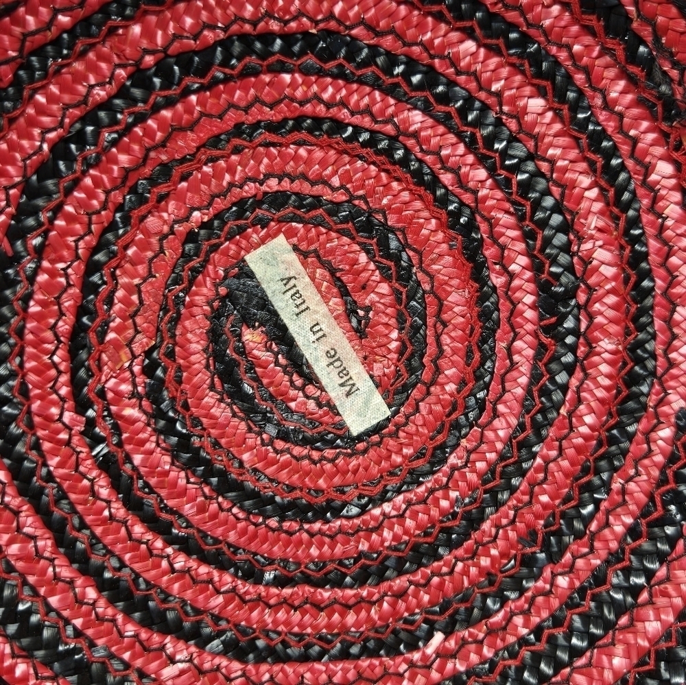 VINTAGE 100% NATURAL STRAW WOVEN HAT BLACK & RED SWIRL ITALY WOMEN OS WHIMSIGOTH - Picture 9 of 13
